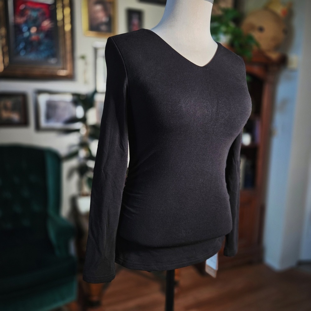 OGL Long Sleeve Top Black V-Neck Padded Built In Bra Eco Friendly Shirt New M